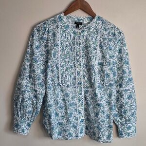 Talbots Petite Blue Green Floral Pintuck Lace Trim Button Front Blouse Size SP
